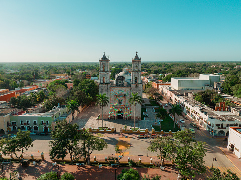Scenic aerial  view of Valladolid church and main square, Mexico