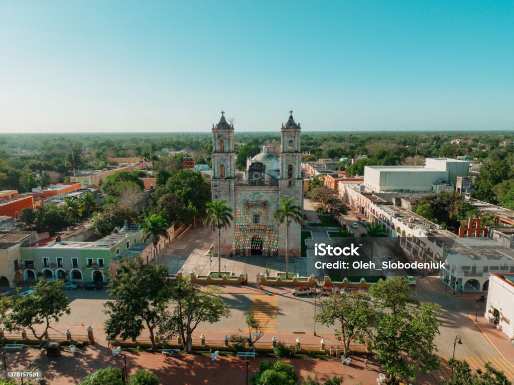 Aerial view of Valladolid town, Mexico Scenic aerial  view of Valladolid church and main square, Mexico Valladolid - Mexico Stock Photo