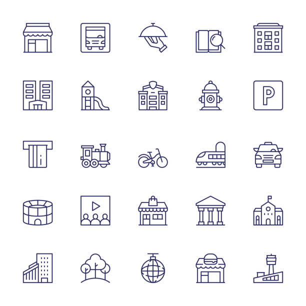 City Life Editable Stroke Line Icons City Life Vector Style Editable Stroke Line Icons city street street man made structure place of work stock illustrations