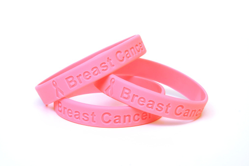Three pink awareness bracelets depicting support for those with breast cancer.