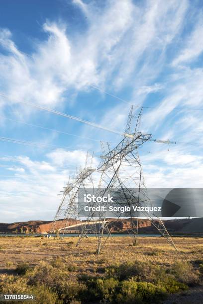 High Voltage Towers In A Hydroelectric Dam Stock Photo - Download Image Now - Fuel and Power Generation, Argentina, Built Structure