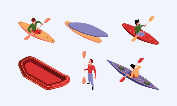 カヤック等角図。アウトドア極端なライフスタイルカヌーボート水船はカヤックのガーリッシュベクターテンプレートを旅するスポーツラフティングの冒険 - canoeing点のイラスト素材／クリップアート素材／マンガ素材／アイコン素材