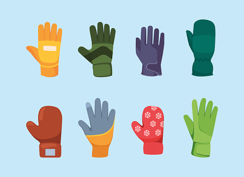 Gloves collection. Cold winter seasonal clothes for hands knitted and leather fashioned gloves garish vector illustrations in cartoon style. Winter cartoon glove garment accessory collection