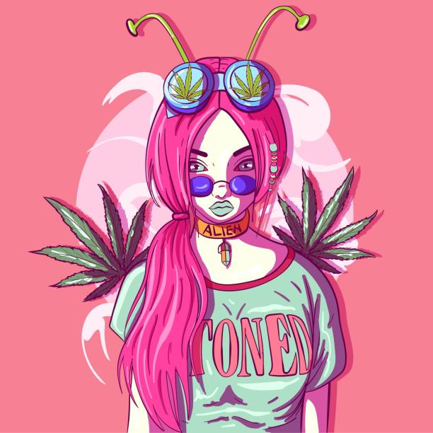 ilustrações de stock, clip art, desenhos animados e ícones de pale girl with marijuana leaves and alien antennae. stoner and psychedelic conceptual art with cannabis leaves and a high woman. portrait of a millennial with round hippie eyeglasses. - canábis narcótico