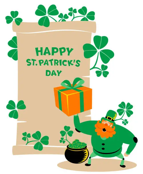 Vector illustration of The mysterious leprechaun standing in front of a medieval paper scroll with 