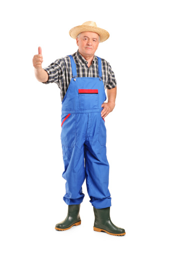 Full length portrait of a mature smiling farmer giving a thumb up isolated on white background