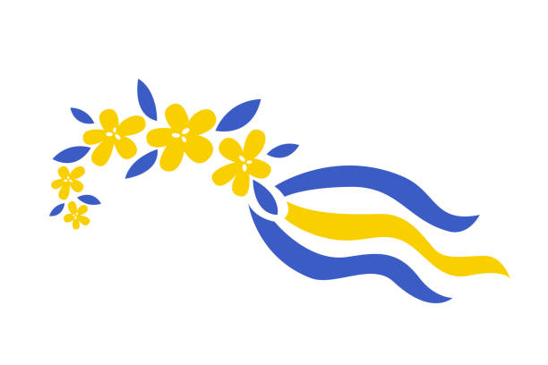 青い黄色のリボンアイコンを持つ伝統的なウクライナの花輪。 国家、愛国的なシンボル。ベクトルフラットイラストレーション。 - abstract flower single flower yellow点のイラスト素材／クリップアート素材／マンガ素材／アイコン素材