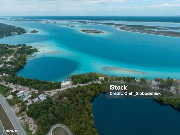 Aerial View Of Bacalar Lagoon With Cenotes In Mexico Stock Photo - Download Image Now