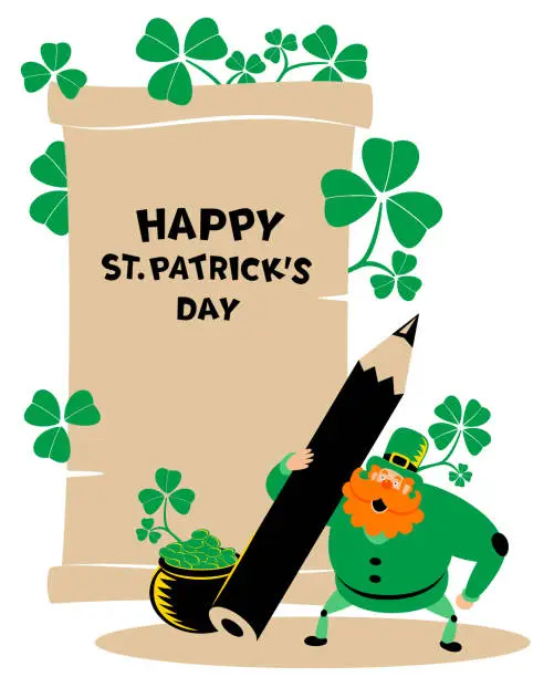 Vector illustration of The mysterious leprechaun standing in front of a medieval paper scroll with 