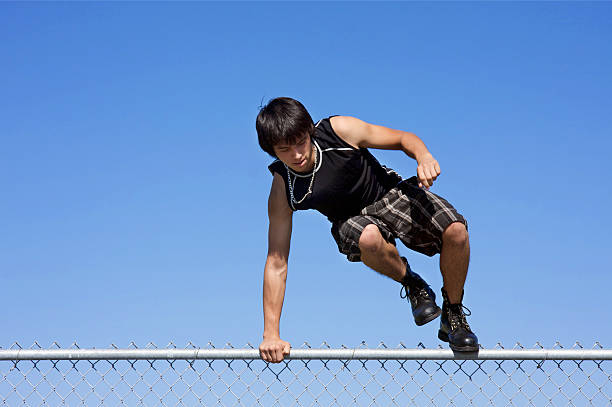fence jumping stock photo