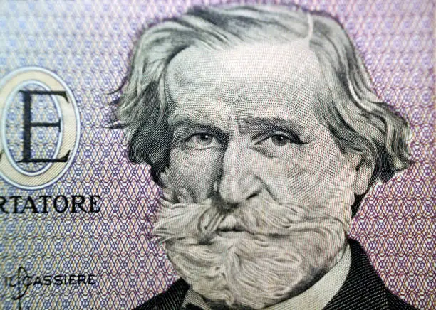 A portrait of the Italian composer Giuseppe Fortunino Francesco Verdi from the obverse side of 1000 one thousand Italian lire lira banknote currency issued 1981 by bank of Italy, old Italian money