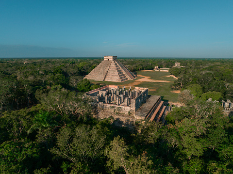 Scenic aerial view of Chichen Itza pyramid at sunrise