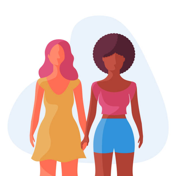 Interracial lesbian couple together. vector art illustration