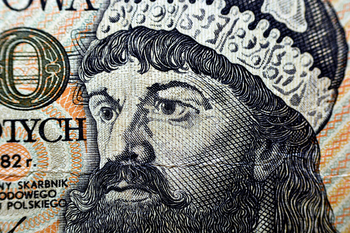 A portrait of duke Mieszko I of Cieszyn, Mieszko I of Opole from the obverse side of 2000 two thousand old Polish Zlotych banknote currency year 1982, old Polish Zloty money, Poland, vintage retro
