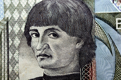 A portrait of the Italian painter Andrea del Castagno or Andrea di Bartolo di Bargilla from the obverse side of 10000 ten thousand Italian lire lira banknote currency issued 1976 1978 by bank of Italy