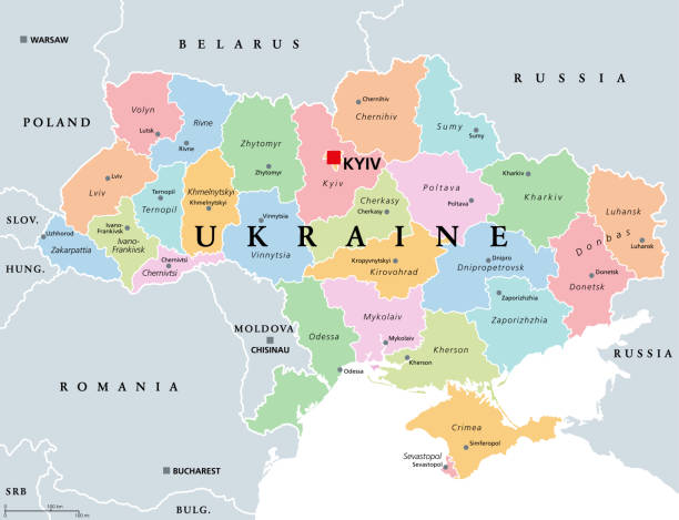 Ukraine, country subdivision, colored political map Ukraine, country subdivision, colored political map. Administrative divisions of Ukraine, with administrative centers, a unitary state in Eastern Europe with capital Kyiv (Kiev). Illustration. Vector. kyiv stock illustrations