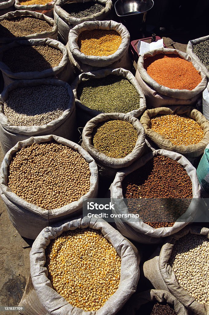 Grains and pulses Grain and pulses in sacks on sale in a market in Kathmandu, Nepal India Stock Photo