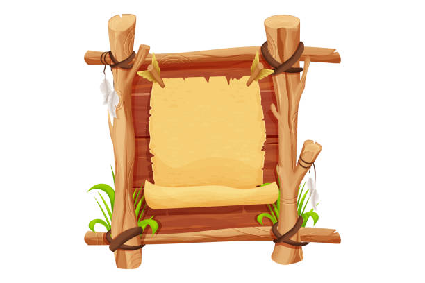 istock Frame from wood branch, sticks, old parchment, leather rope, grass in comic cartoon style isolated on white background. Tribal, rural clip art. Ui game asset. Vector illustration 1378379856