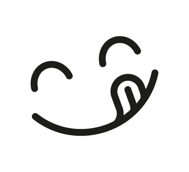 ilustraciones, imágenes clip art, dibujos animados e iconos de stock de delicioso emoji de sonrisa con la boca lamida de lengua. delicioso símbolo de comida sabrosa para la red social. icono de línea delicioso y hambriento. sabroso gourmet. disfruta del letrero de comida. ilustración vectorial aislada sobre fondo blanco - saborear