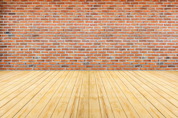 istock Wood table top on old vintage brick wall background product display 1378381505