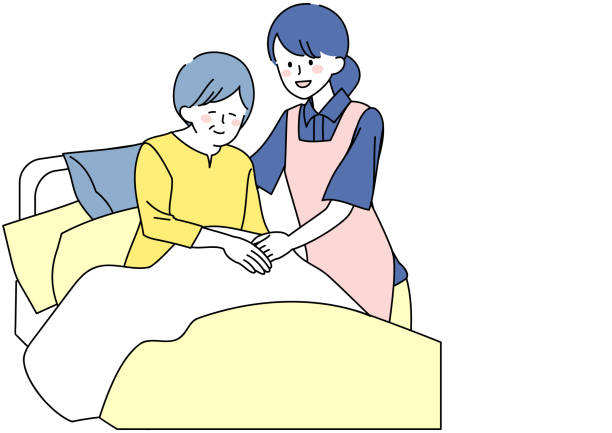 ilustrações de stock, clip art, desenhos animados e ícones de a senior getting up and a caregiver assisting her - quilt 60s 70s activity