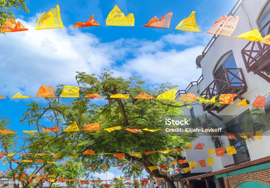 Mexico, architecture, cafes and restaurants of Playa Del Carmen in historic center near ocean beach Mexico, architecture, cafes and restaurants of Playa Del Carmen in historic center near ocean beach. Playa Del Carmen Stock Photo