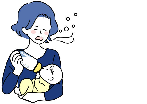 мать кормит своего ребенка во время зевания - baby yawning asian ethnicity newborn stock illustrations