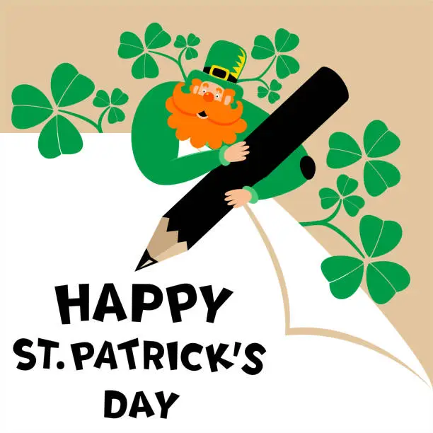 Vector illustration of The mysterious leprechaun on top of a paper (behind the curled corner of the paper) and writing 