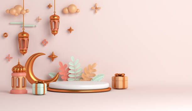 istock Islamic display podium decoration background with lantern and crescent cartoon style, ramadan kareem, mawlid, iftar, isra miraj, eid al fitr adha, muharram, copy space text area, 3D illustration. 1378443838