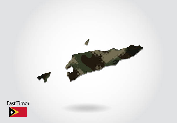 istock east Timor map with camouflage pattern, Forest - green texture in map. Military concept for army, soldier and war. coat of arms, flag. 1378450369