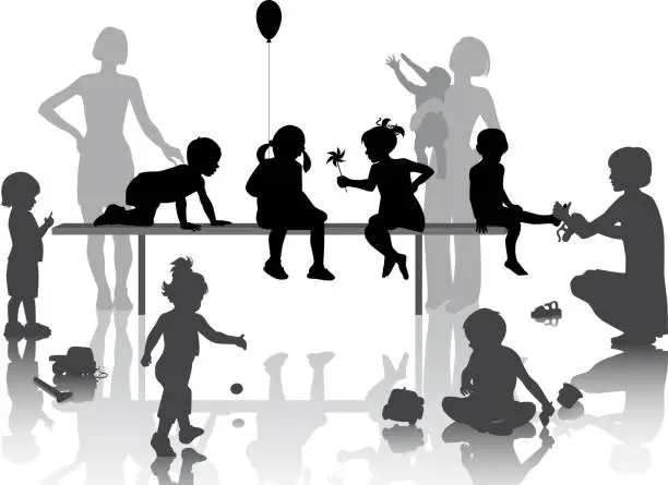 Vector illustration of Black and white silhouettes of children playing