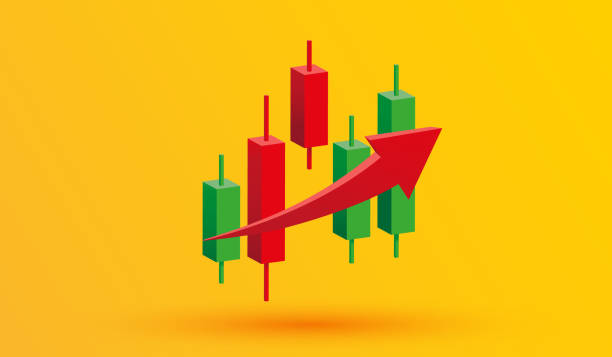 ilustraciones, imágenes clip art, dibujos animados e iconos de stock de diagrama de stock de crecimiento gráfico financiero. vela con flecha hacia arriba trading stock o forex 3d icono estilo de ilustración vectorial - candlestick holder