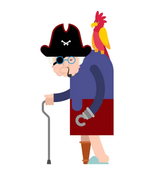 Vector illustration of Grandmother Pirate. Grandma filibuster and parrot. Vector illustration
