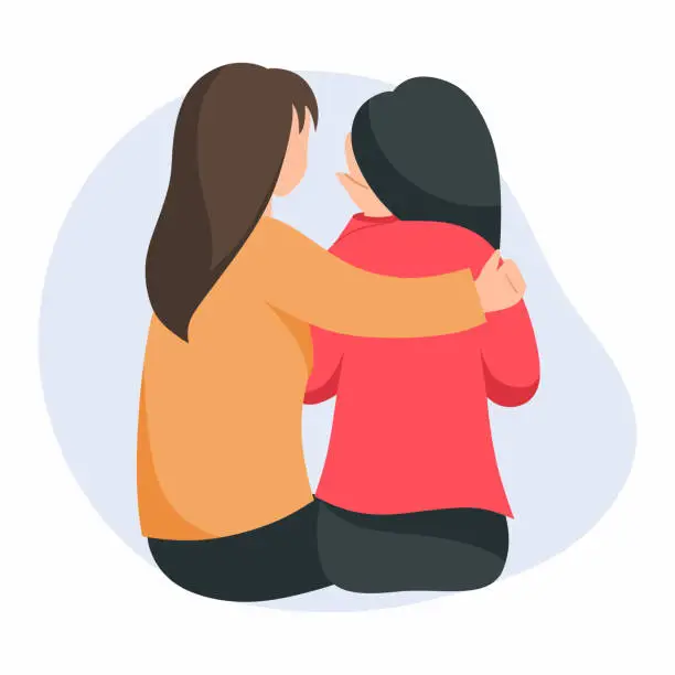 Vector illustration of Woman comforts her friend. Girl has covered her face with her hands and is crying. Support during depression and stress. Sympathy.