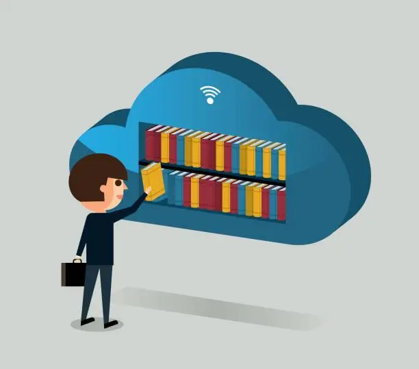 Vector illustration of Cloud computing and Stack of Books - Businessman