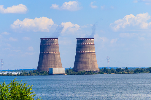 Cooling towers of Zaporizhia Nuclear Power Station in Enerhodar, Ukraine