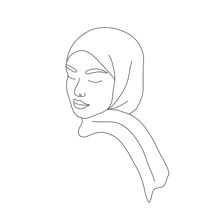 Linear arab woman in hijab. Elegant female portrait with closed eyes. Hand drawn outline female silhouette. Vector illustration in one line style. Beauty logo.