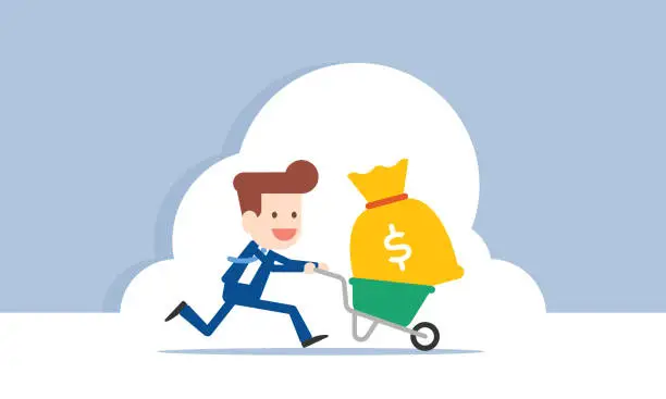 Vector illustration of Businessman pushing cart full of money