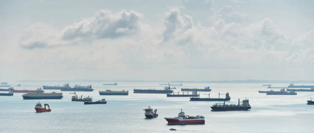 containerschiffe, die im hafen von singapur fahren - singapore shipping cargo container nautical vessel stock-fotos und bilder