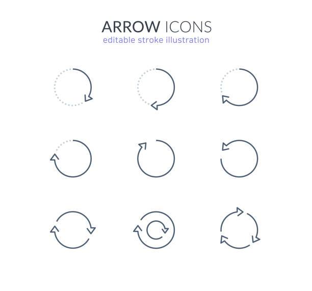arrow circle icon set for web and app cycle, round, time passage, reload, circular pointing arrows. editable stroke vector illustration semi circle stock illustrations