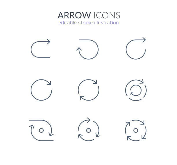 ilustraciones, imágenes clip art, dibujos animados e iconos de stock de conjunto de iconos de línea de flecha circular para web y app - flechas