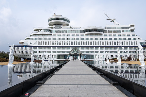 Sun cruise resort hotel is a famous hotel in shape of a cruise ship in Gangneung, South Korea. Taken on February 14th 2022