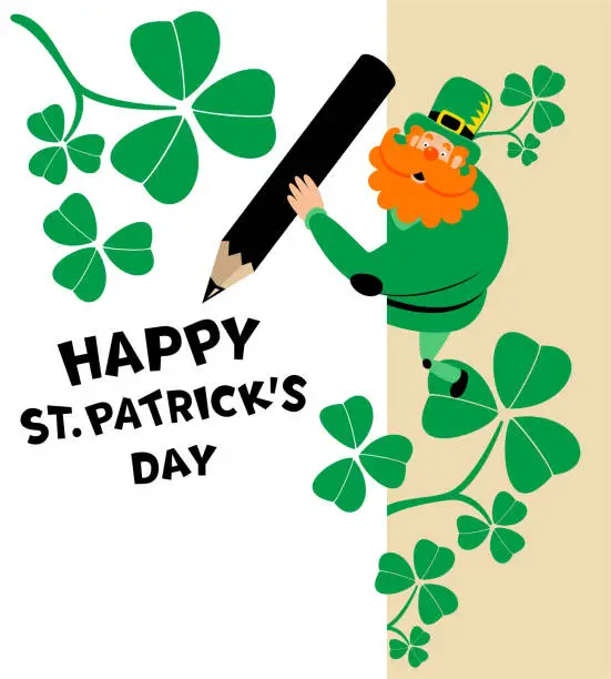 Vector illustration of The mysterious leprechaun behind the upper right corner of the paper and writing 