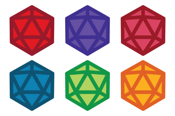 Multicolored Flat Dice Set of 6 20-sided dice Six D20 in multiple colors polyhedron stock illustrations