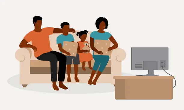 Vector illustration of Black Family Watching TV Together.