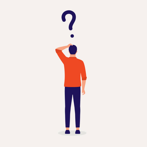 Man With Question Mark. Back View Of A Young Man In Business Wear With Question Mark. Full Length, Isolated On Solid Color Background. Vector, Illustration, Flat Design, Character. confused guy stock illustrations