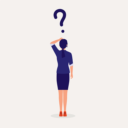 Back View Of A Young Woman In Business Wear With Question Mark. Full Length, Isolated On Solid Color Background. Vector, Illustration, Flat Design, Character.