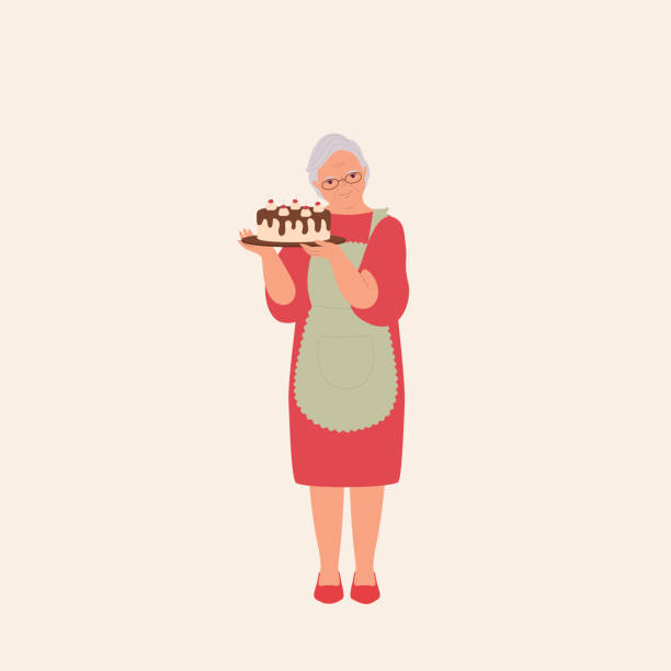 ilustrações, clipart, desenhos animados e ícones de vovó segurando um bolo de chocolate. - personal accessory apron bakery cake