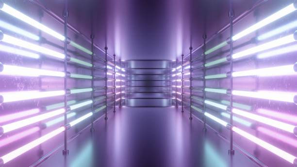 istock Flashing Rainbow Neon Lights in Fluorescent Glowing Reflective Tunnel - Abstract Background Texture 1378520548