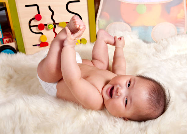 Cute Asian Baby Smiling on Sheepskin